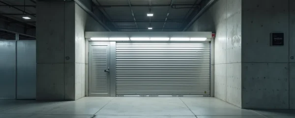 Vue photographique réaliste d'un box de stockage moderne à Montpellier, avec une composition symétrique, éclairage cinématographique doux et profondeur de champ réduite mettant en valeur les textures des surfaces métallisées et des structures en béton clair, espace négatif soigné