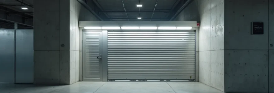 Vue photographique réaliste d'un box de stockage moderne à Montpellier, avec une composition symétrique, éclairage cinématographique doux et profondeur de champ réduite mettant en valeur les textures des surfaces métallisées et des structures en béton clair, espace négatif soigné