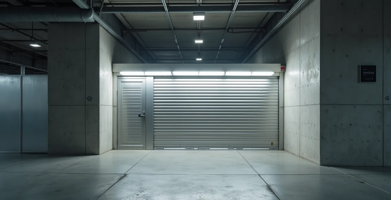 Vue photographique réaliste d'un box de stockage moderne à Montpellier, avec une composition symétrique, éclairage cinématographique doux et profondeur de champ réduite mettant en valeur les textures des surfaces métallisées et des structures en béton clair, espace négatif soigné