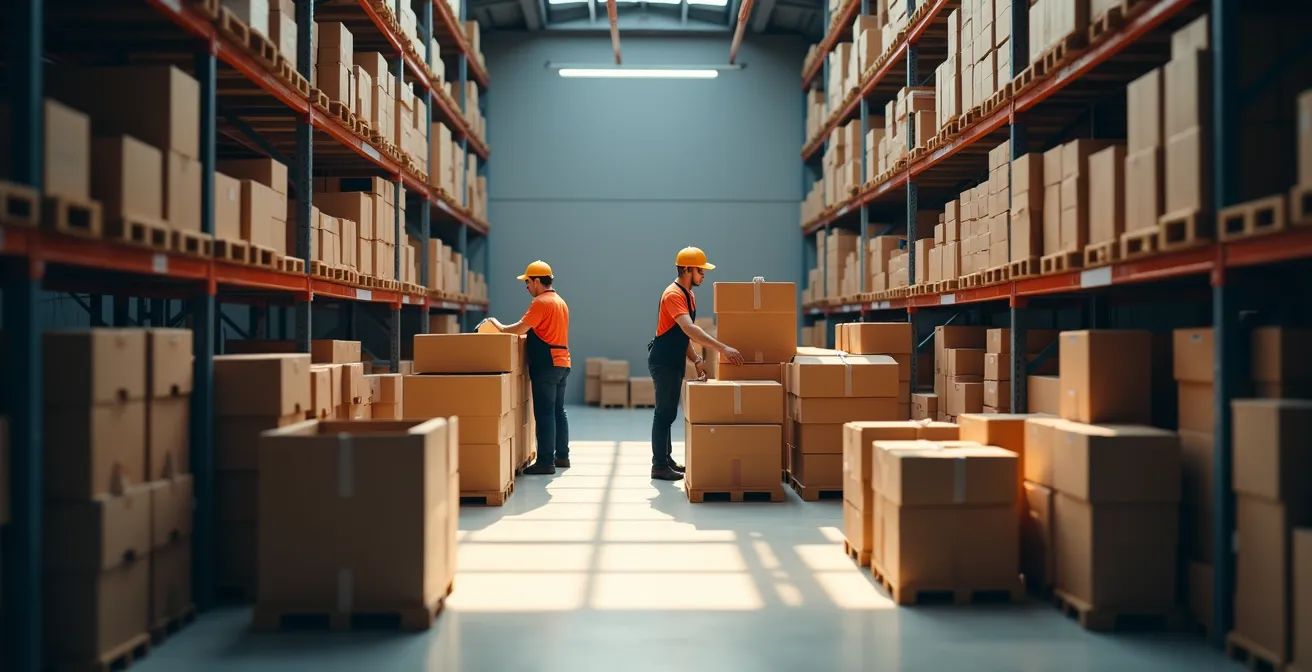 Vue détaillée d’une zone de stockage avec box externalisé, montrant la coordination des espaces et la préparation de commandes avec éclairage naturel