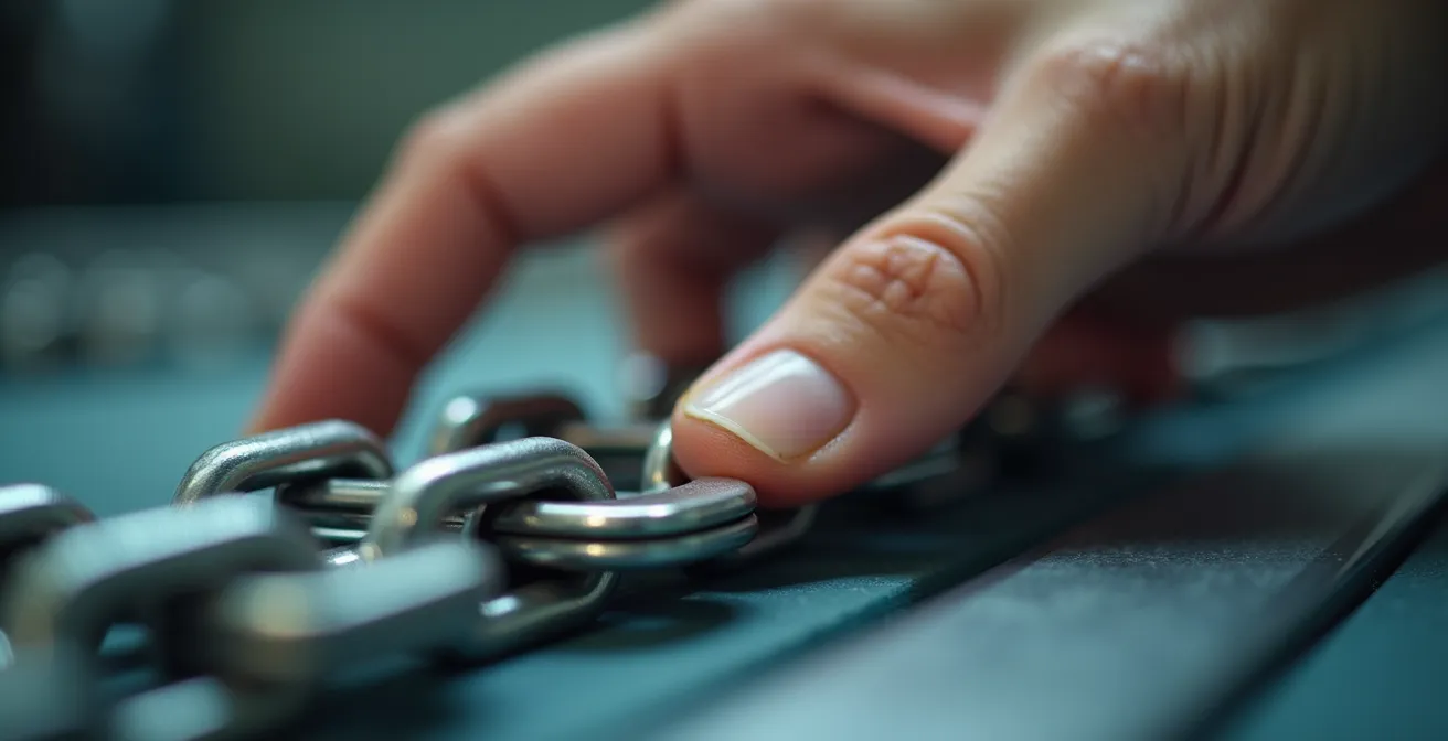 Photographie macro d'une main interrompant une chaîne de production métallique avec textures fines et profondeur de champ réduite