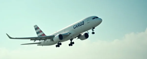 Photo éditoriale d'un avion cargo en vol au-dessus d'un paysage industriel, lumière naturelle cinématographique, mise au point nette, ambiance professionnelle et moderne, sans texte ni logo
