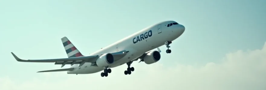 Photo éditoriale d'un avion cargo en vol au-dessus d'un paysage industriel, lumière naturelle cinématographique, mise au point nette, ambiance professionnelle et moderne, sans texte ni logo