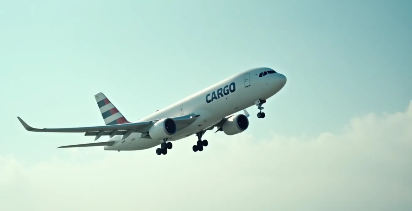 Photo éditoriale d'un avion cargo en vol au-dessus d'un paysage industriel, lumière naturelle cinématographique, mise au point nette, ambiance professionnelle et moderne, sans texte ni logo