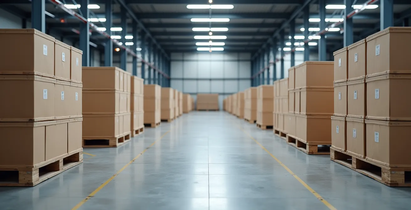 Vue panoramique d'un entrepôt logistique organisé avec palettes prêtes au chargement aérien, ambiance lumineuse claire et nette