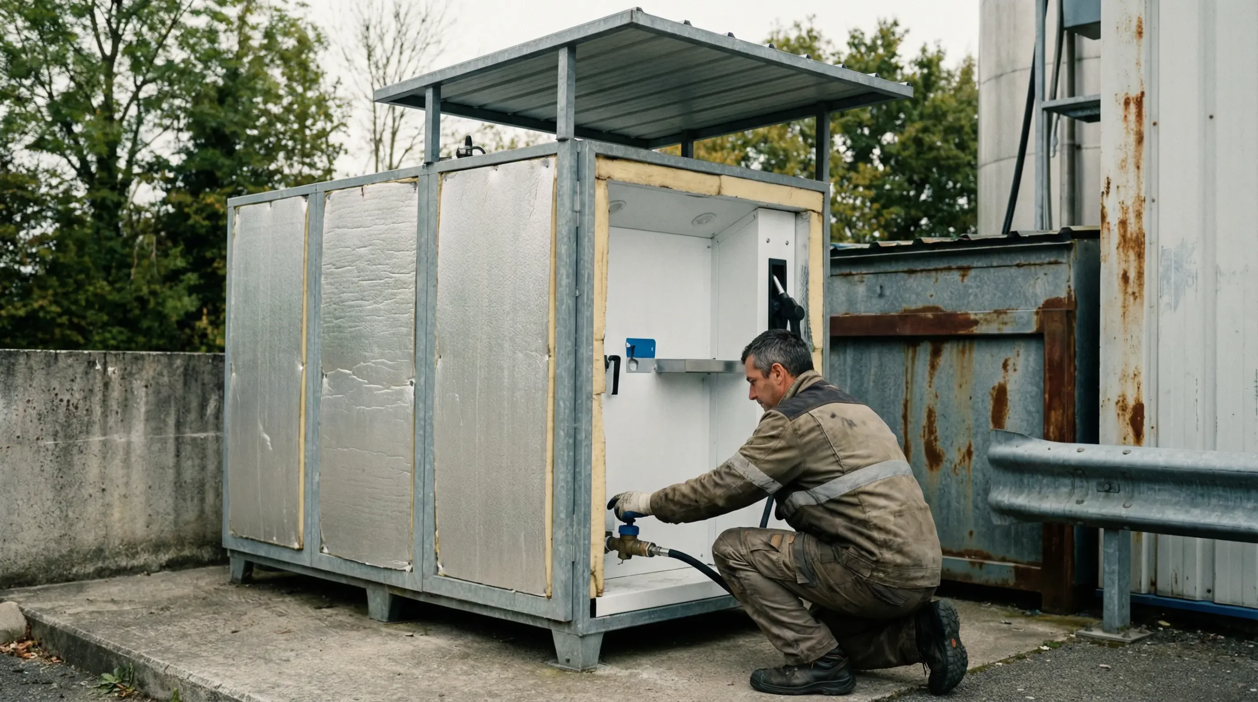 Technicien vérifiant une cuve AdBlue lors d'un contrôle de maintenance