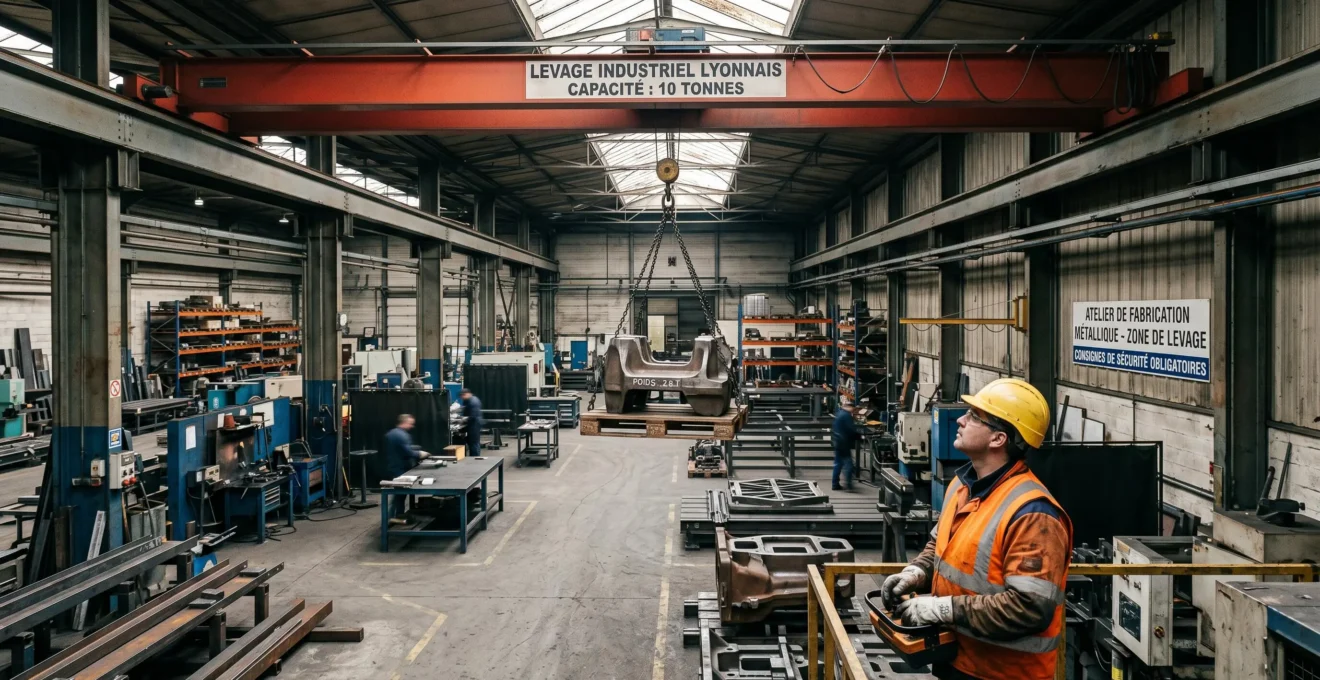 Vue d'atelier industriel français avec pont roulant bipoutre en opération de levage d'une charge lourde, opérateur en équipement de sécurité manipulant la commande à distance, structure métallique et sol béton visible
