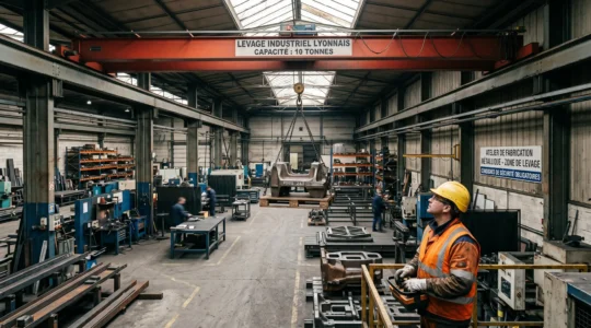 Vue d'atelier industriel français avec pont roulant bipoutre en opération de levage d'une charge lourde, opérateur en équipement de sécurité manipulant la commande à distance, structure métallique et sol béton visible