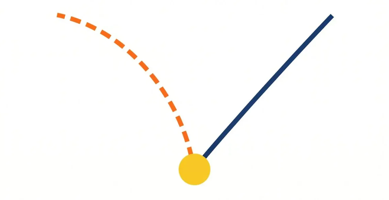 Illustration minimaliste de deux chemins divergeant : ligne pointillée orange courte vers la gauche et ligne pleine bleue longue vers la droite, partant d'un cercle jaune sur fond blanc