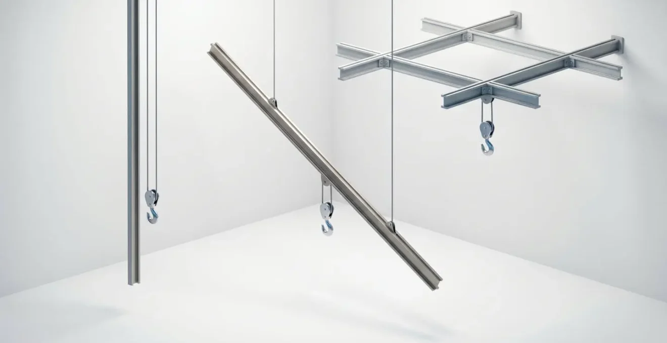 Illustration 3D isométrique de trois axes de mouvement abstraits : rail vertical, rail incliné 45 degrés et grille bi-axiale suspendue, chacun équipé d'un crochet industriel chromé, sur fond blanc épuré