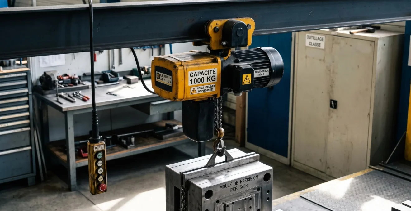 Palan électrique à chaîne industriel suspendu à poutrelle métallique soulevant une pièce mécanique lourde dans un atelier manufacturier français, chaîne de levage en extension visible