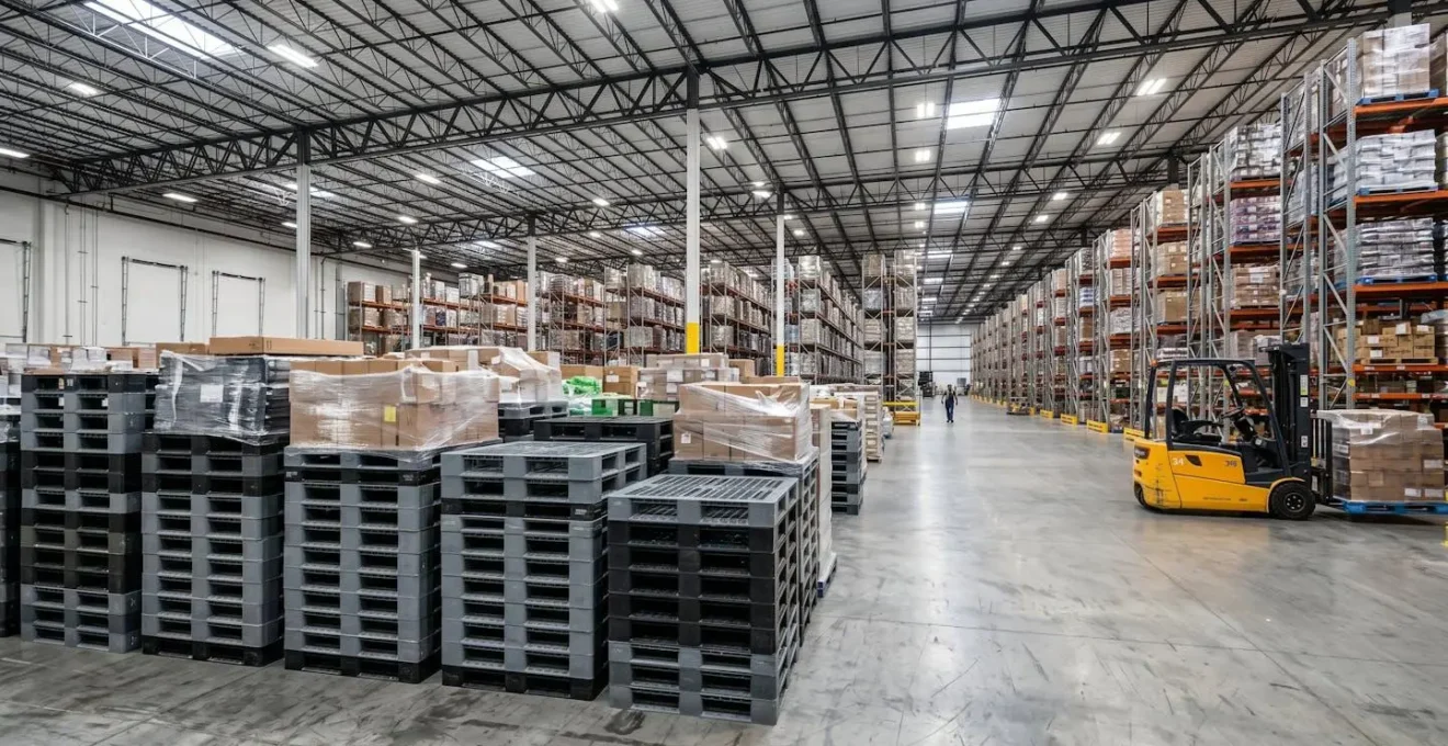 Palettes en plastique recyclé empilées dans un entrepôt logistique moderne avec chariots élévateurs