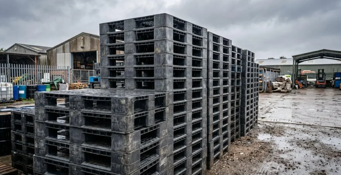 Palettes en plastique recyclé stockées en extérieur sur un site industriel sous la pluie