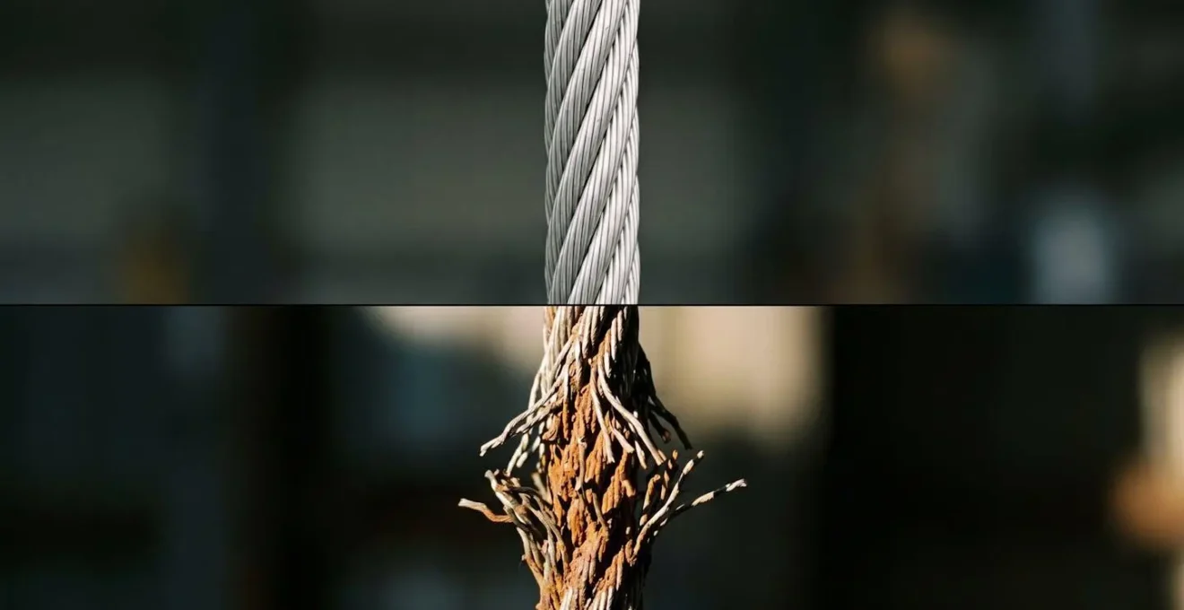 Photographie abstraite d'un câble métallique vertical divisé horizontalement : moitié supérieure neuve et argentée, moitié inférieure effilochée et rouillée, sur fond noir