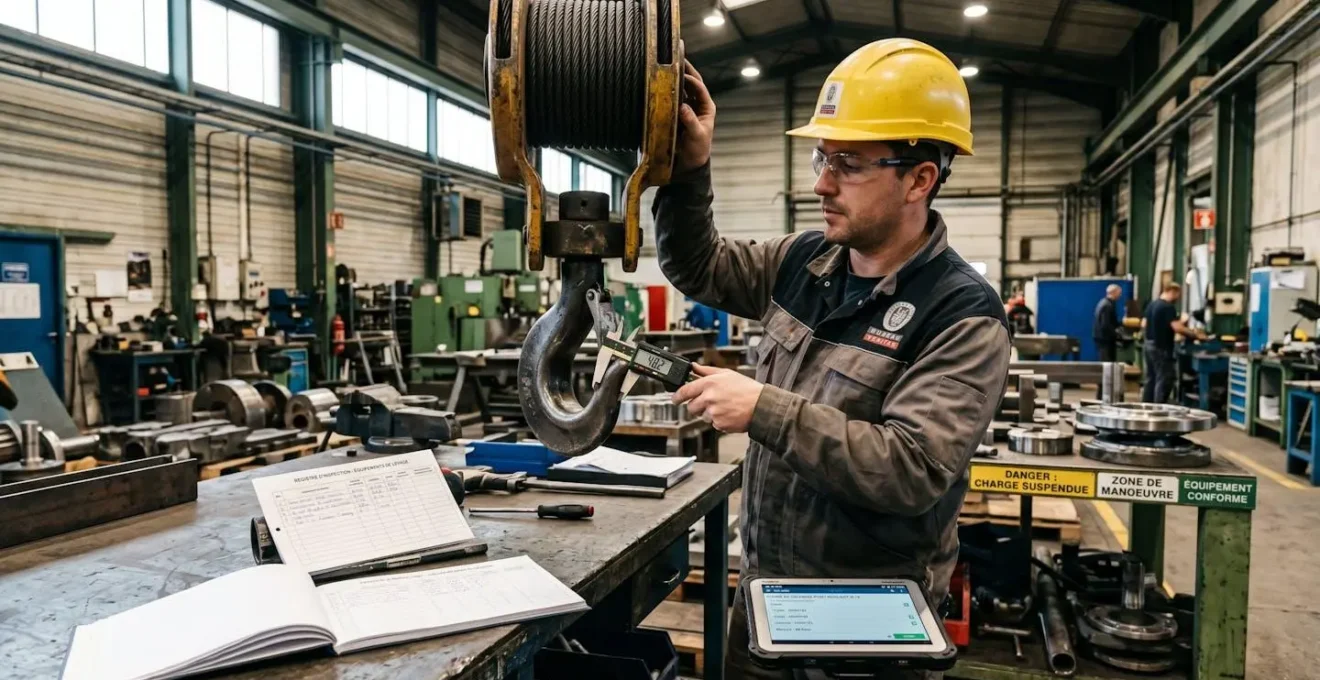 Technicien de bureau de contrôle agréé effectuant la vérification périodique réglementaire d'un équipement de levage avec outil de mesure professionnel, carnet d'inspection et tablette numérique dans un atelier industriel français