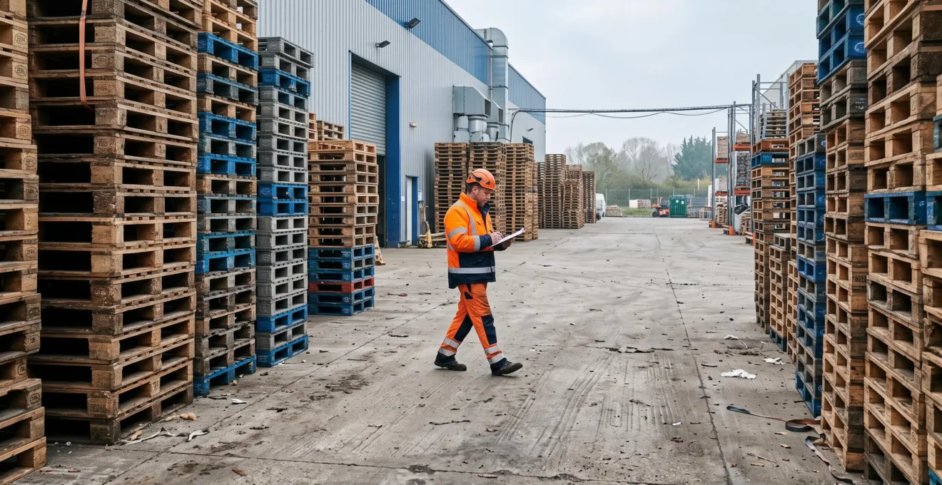 Un ouvrier vérifie les stocks de palettes empilées dans une cour de grossiste.